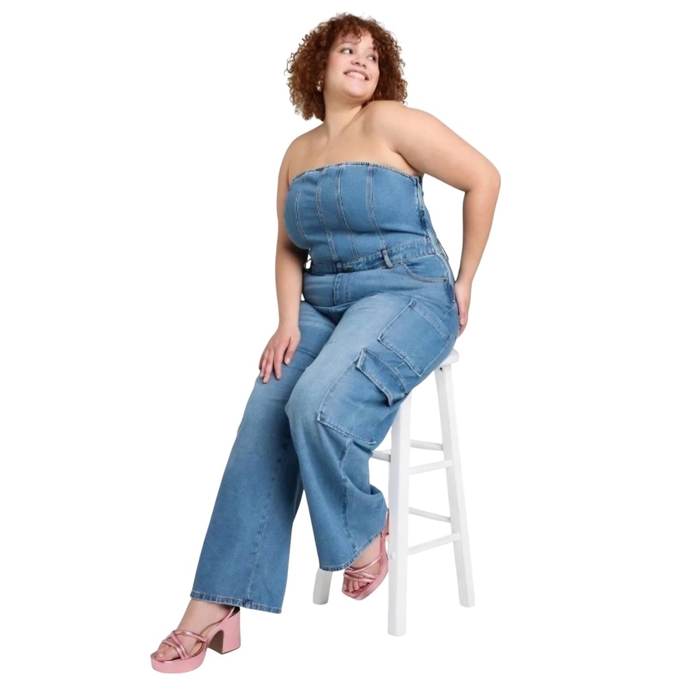 Wild Fable Jumpsuit Women 4X Blue Strapless Denim Cargo Wide Leg Cotton NEW